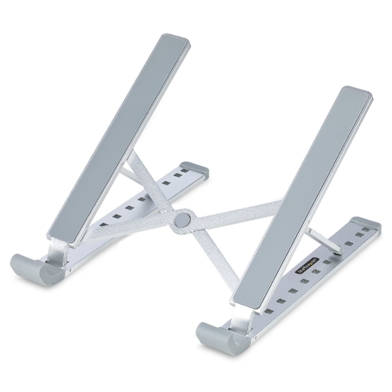 Picture of StarTech.com Foldable Laptop Riser Stand, Portable Height Adjustable Ergonomic Laptop Stand, Ventilated Aluminum Frame Supports 22lb (10Kg), Tilt/Raised/Angled Laptop/Tablet Stand, Collapsible Design