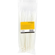 Picture of StarTech.com 10"(25cm) Reusable Cable Ties - 1/4"(7mm) wide, 2-1/2"(65mm) Bundle Dia. 50lb(22kg) Tensile Strength, Releasable Nylon Ties, Indoor/Outdoor, 94V-2/UL Listed, 100 Pack - White
