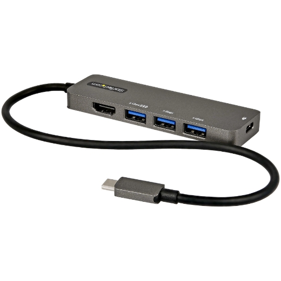 Picture of StarTech.com USB C Multiport Adapter - USB-C to HDMI 2.0b 4K 60Hz (HDR10), 100W Power Delivery Pass-Through, 4-Port USB 3.0 Hub - USB Type-C Mini Dock - 12" (30cm) Long Attached Cable