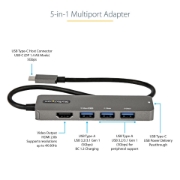 Picture of StarTech.com USB C Multiport Adapter - USB-C to HDMI 2.0b 4K 60Hz (HDR10), 100W Power Delivery Pass-Through, 4-Port USB 3.0 Hub - USB Type-C Mini Dock - 12" (30cm) Long Attached Cable