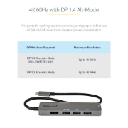 Picture of StarTech.com USB C Multiport Adapter - USB-C to HDMI 2.0b 4K 60Hz (HDR10), 100W Power Delivery Pass-Through, 4-Port USB 3.0 Hub - USB Type-C Mini Dock - 12" (30cm) Long Attached Cable