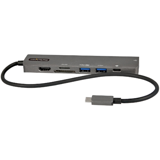 Picture of StarTech.com USB C Multiport Adapter - USB-C to 4K 60Hz HDMI 2.0, 100W Power Delivery Pass-through, SD/MicroSD, 2-Port USB 3.0 Hub, GbE - USB Type-C Mini Dock - 12" Long Attached Cable