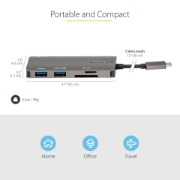 Picture of StarTech.com USB C Multiport Adapter - USB-C to 4K HDMI, 100W Power Delivery Pass-through, SD/MicroSD Slot, 3-Port USB 3.0 Hub - USB Type-C Mini Dock - 12" (30cm) Long Attached Cable