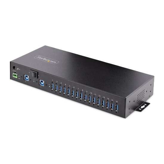 Picture of StarTech.com 16-Port Industrial USB 3.0 Hub 5Gbps, Metal, DIN/Surface/Rack Mountable, ESD Protection, Terminal Block Power, up to 120W Shared USB Charging, Dual-Host Hub/Switch