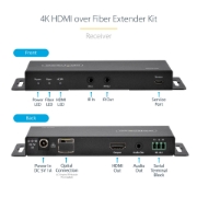 Picture of StarTech.com 4K HDMI over Fiber Extender Kit, 4K 60Hz up to 3300ft/1km (Single Mode) or 1000ft/300m (Multimode) LC Fiber Optic, HDR, HDCP, 3.5mm Audio/RS232/IR Extender, Transmitter and Receiver Kit