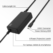 Picture of ACT USB-C laptop charger with Power Delivery profiles 65W