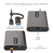 Picture of StarTech.com USB-C to Dual-HDMI Adapter - USB-C or A to 2x HDMI - 4K 60Hz - 100W Power Delivery Pass-Through - 1ft (30cm) Built-in Cable - USB to HDMI Multi-Monitor Converter for Laptop - TAA