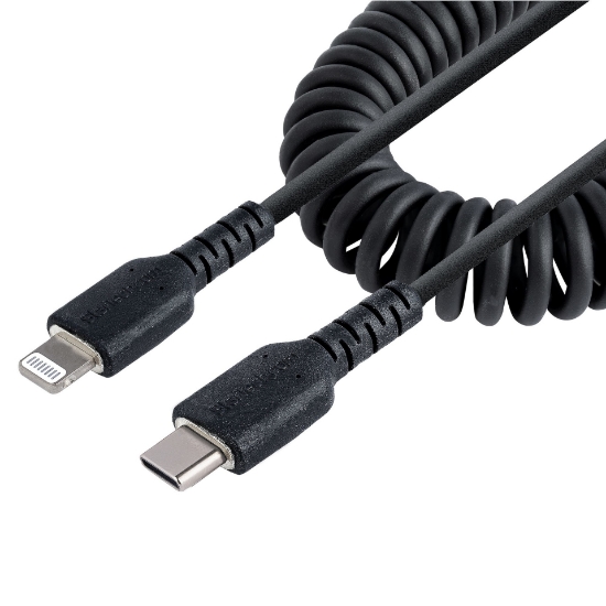 Picture of StarTech.com 1m (3ft) USB C to Lightning Cable, MFi Certified, Coiled iPhone Charger Cable, Black, Durable TPE Jacket Aramid Fiber, Heavy Duty Coil Lightning Cable