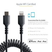 Picture of StarTech.com 1m (3ft) USB C to Lightning Cable, MFi Certified, Coiled iPhone Charger Cable, Black, Durable TPE Jacket Aramid Fiber, Heavy Duty Coil Lightning Cable