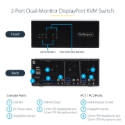 Picture of StarTech.com 2-Port Dual-Monitor DisplayPort KVM Switch, 4K 60Hz, 2x USB 5Gbps Hub Ports, 2x USB 2.0 HID Ports, Hotkey and Push-Button Switching, TAA Compliant - ESD Level 3 Protection