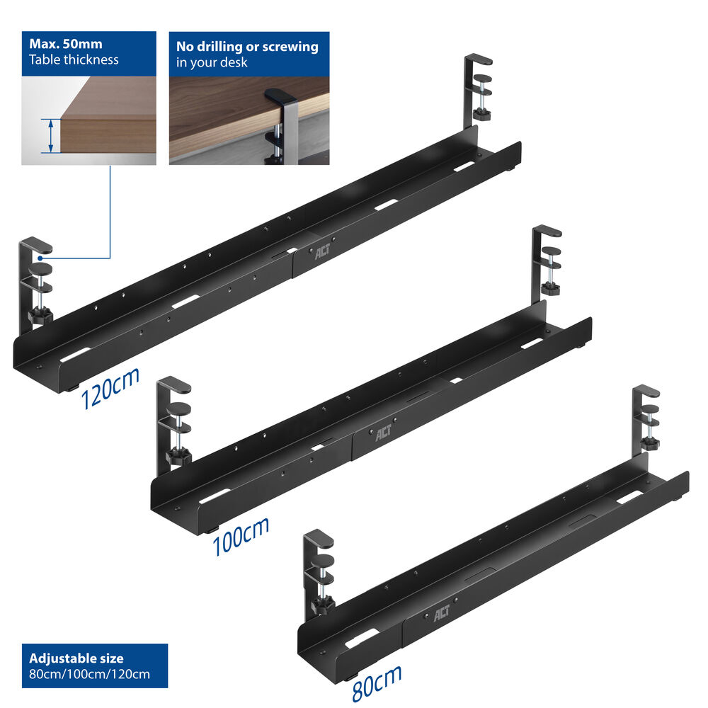 ACT Under desk extendable cable management tray with clamp mount - Zondox