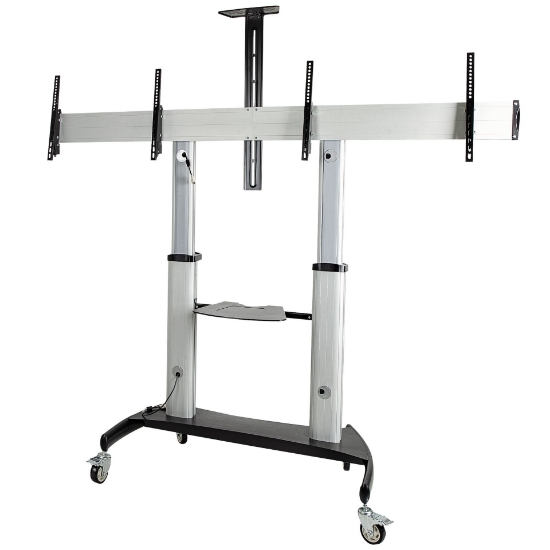 Picture of StarTech.com Dual TV Cart for 37-60in VESA TVs up to 110lb/50kg each - Height Adjustable TV Mount, Mobile Display Cart w/ Equipment Shelves - Rolling TV Cart on Wheels - Rolling TV Stand