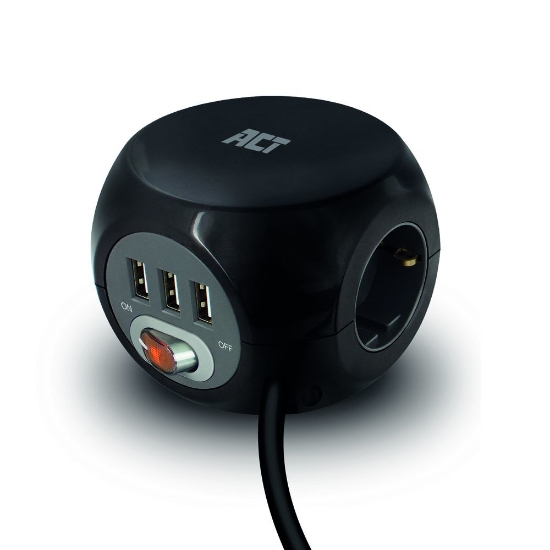 Picture of ACT Power socket cube (PDU) with 3 sockets, USB-A ports, 1.5m