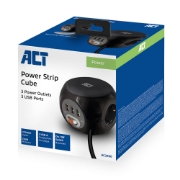 Picture of ACT Power socket cube (PDU) with 3 sockets, USB-A ports, 1.5m