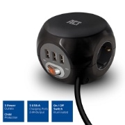 Picture of ACT Power socket cube (PDU) with 3 sockets, USB-A ports, 1.5m