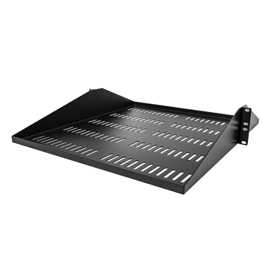 Picture of StarTech.com 2U Server Rack Shelf, Center Mounted Universal Vented Rackmount Cantilever Tray for 19" Network Equipment Rack, Heavy Duty Steel, 200lb Capacity, 20" Deep, Black