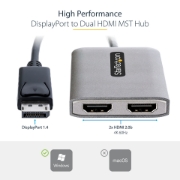 Picture of StarTech.com DP to Dual HDMI MST HUB - Dual HDMI 4K 60Hz - DisplayPort Multi Monitor Adapter with 1ft / 30cm cable - DP 1.4 Multi Stream Transport Hub, DSC | HBR3 - DP to HDMI Splitter