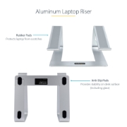 Picture of StarTech.com Laptop Stand for Desk, Supports 5kg/11lb, Aluminum, Silver, Ergonomic Laptop Riser, Portable Laptop Holder, Computer Stand for Macbook Air/Pro, Dell XPS, Lenovo
