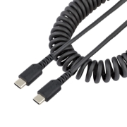 Picture of StarTech.com 20in (50cm) USB C Charging Cable, Coiled Heavy Duty Fast Charge & Sync USB-C Cable, USB 2.0 Type-C Cable, Rugged Aramid Fiber, Durable Male to Male USB Cable, Black