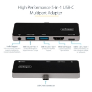 Picture of StarTech.com USB C Multiport Adapter - USB-C to 4K 60Hz HDMI 2.0, 100W Power Delivery Pass-Through Charging, 3-Port USB 3.0 Hub, Audio - USB-C Mini Dock - Portable USB Type-C Travel Dock