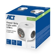 Picture of ACT Power socket cube (PDU) with 3 sockets type E, USB-C/USB-A ports, 1.5m