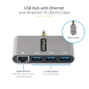 Picture of StarTech.com 3-Port USB-C Hub with Ethernet - 3x USB-A - Gigabit Ethernet - USB 3.0 5Gbps - Bus-Powered - 1ft/30cm Long USB Type-C Host Cable - GbE - Portable USB-C to USB-A Hub