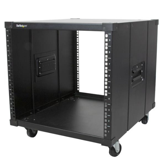 Picture of StarTech.com 4-Post 9U Mobile Open Frame Server Rack, Four Post Network Rack with Wheels, 19" Rolling Rack for Home/Office Narrow Floor Spaces, Small Data Rack for Computer/AV/IT Equipment - TAA Compliant