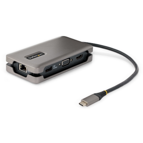 Picture of StarTech.com USB-C Multiport Adapter - HDMI/VGA - 4K 60Hz - 3-Port USB Hub - 100W Power Delivery Pass-Through - GbE - Travel Mini Docking Station w/ Charging - 1ft/30cm Wrap-Around Cable