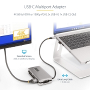 Picture of StarTech.com USB-C Multiport Adapter - HDMI/VGA - 4K 60Hz - 3-Port USB Hub - 100W Power Delivery Pass-Through - GbE - Travel Mini Docking Station w/ Charging - 1ft/30cm Wrap-Around Cable