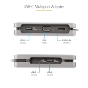 Picture of StarTech.com USB-C Multiport Adapter - HDMI/VGA - 4K 60Hz - 3-Port USB Hub - 100W Power Delivery Pass-Through - GbE - Travel Mini Docking Station w/ Charging - 1ft/30cm Wrap-Around Cable