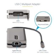 Picture of StarTech.com USB-C Multiport Adapter - HDMI/VGA - 4K 60Hz - 3-Port USB Hub - 100W Power Delivery Pass-Through - GbE - Travel Mini Docking Station w/ Charging - 1ft/30cm Wrap-Around Cable