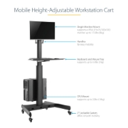 Picture of StarTech.com Mobile Workstation Cart with Monitor Mount, CPU/PC Holder, Keyboard Tray - Ergonomic Height Adjustable Desktop Computer Cart - Rolling Mobile Standing Workstation on Wheels