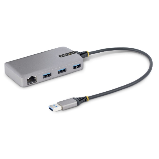 Picture of StarTech.com 3-Port USB Hub with Ethernet - 3x USB-A Ports - Gigabit Ethernet (RJ-45) - USB 3.0 5Gbps - Bus-Powered - 1ft/30cm Long Cable - Portable Laptop USB Hub Adapter w/ GbE
