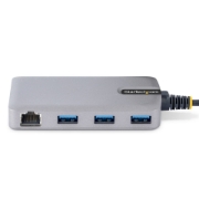 Picture of StarTech.com 3-Port USB Hub with Ethernet - 3x USB-A Ports - Gigabit Ethernet (RJ-45) - USB 3.0 5Gbps - Bus-Powered - 1ft/30cm Long Cable - Portable Laptop USB Hub Adapter w/ GbE