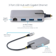 Picture of StarTech.com 3-Port USB Hub with Ethernet - 3x USB-A Ports - Gigabit Ethernet (RJ-45) - USB 3.0 5Gbps - Bus-Powered - 1ft/30cm Long Cable - Portable Laptop USB Hub Adapter w/ GbE