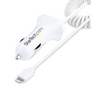 Picture of StarTech.com Lightning Car Charger with Coiled Cable, 1m Coiled Lightning Cable, 12W, White, 2 Port USB Car Charger Adapter for Phones and Tablets, Dual USB In Car iPhone Charger