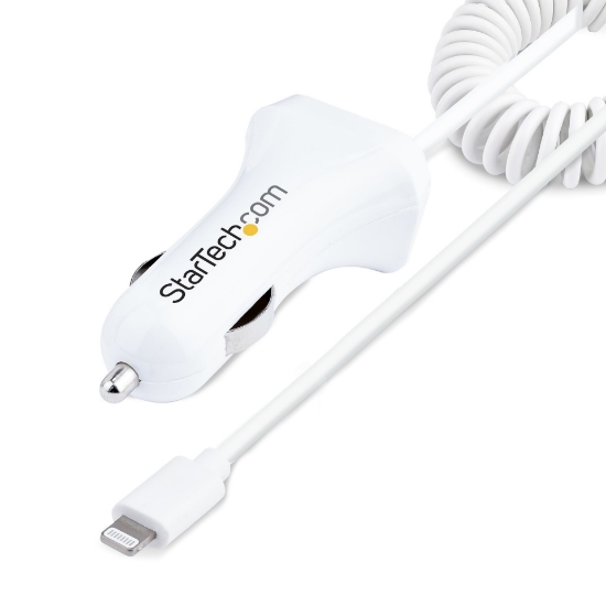 Picture of StarTech.com Lightning Car Charger with Coiled Cable, 1m Coiled Lightning Cable, 12W, White, 2 Port USB Car Charger Adapter for Phones and Tablets, Dual USB In Car iPhone Charger