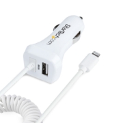 Picture of StarTech.com Lightning Car Charger with Coiled Cable, 1m Coiled Lightning Cable, 12W, White, 2 Port USB Car Charger Adapter for Phones and Tablets, Dual USB In Car iPhone Charger