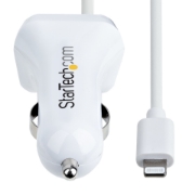 Picture of StarTech.com Lightning Car Charger with Coiled Cable, 1m Coiled Lightning Cable, 12W, White, 2 Port USB Car Charger Adapter for Phones and Tablets, Dual USB In Car iPhone Charger