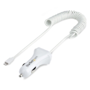 Picture of StarTech.com Lightning Car Charger with Coiled Cable, 1m Coiled Lightning Cable, 12W, White, 2 Port USB Car Charger Adapter for Phones and Tablets, Dual USB In Car iPhone Charger