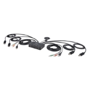 Picture of StarTech.com 2-Port Dual-Monitor DisplayPort Cable KVM Switch, 4K 60Hz, Compact KVM with 5ft/1.5m USB-A/DisplayPort/Audio Integrated Cables, Bus Powered - Remote Push Button/Hotkey Switching