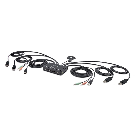 Picture of StarTech.com 2-Port Dual-Monitor DisplayPort Cable KVM Switch, 4K 60Hz, Compact KVM with 5ft/1.5m USB-A/DisplayPort/Audio Integrated Cables, Bus Powered - Remote Push Button/Hotkey Switching