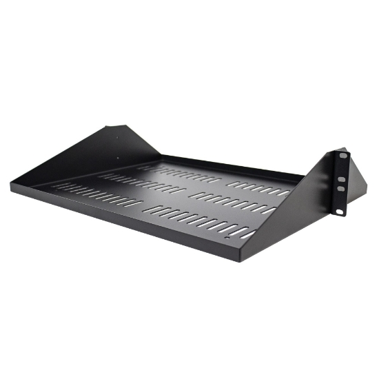 Picture of StarTech.com 2U Server Rack Shelf, Center Mounted Universal Vented Rackmount Cantilever Tray for 19" Network Equipment Rack, Heavy Duty Steel, 200lb Capacity, 14" Deep, Black