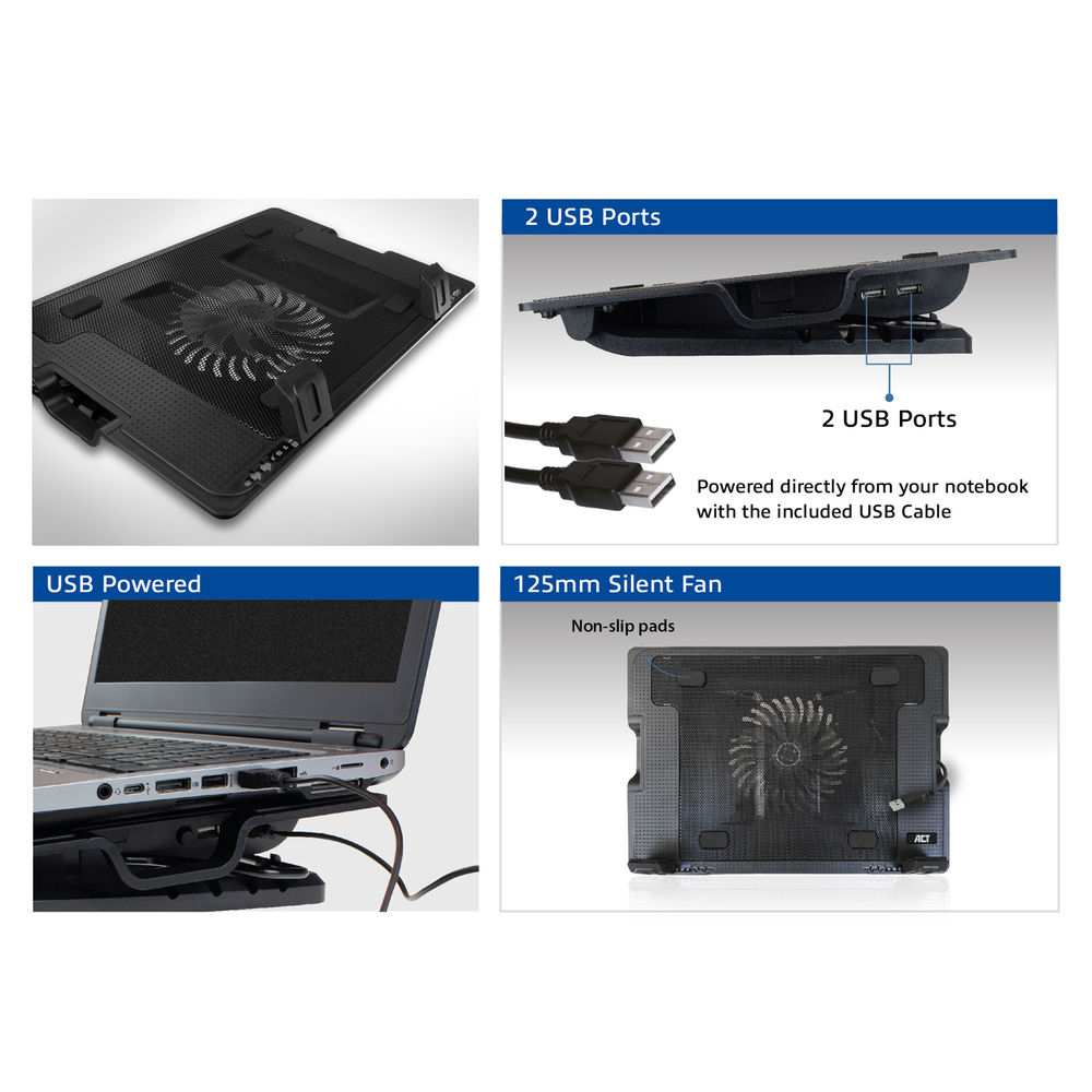 ACT Laptop stand, with fan, 5 positions height adjustable, 2-port hub ...