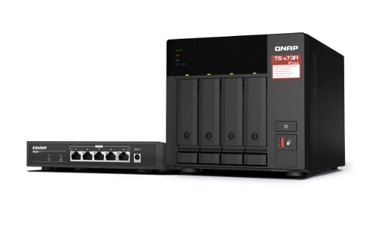 Picture of QNAP TS-473A + QSW-1105-5T Bundle Pack NAS Tower Ryzen Embedded V1500B 8 GB DDR4 0 TB QNAP Turbo System Black