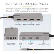 Picture of StarTech.com USB-C Triple Monitor Multiport Adapter, Dual 4K 60Hz + 4K 30Hz HDMI & DisplayPort, 3-Port USB 10Gbps Hub, 100W PD Pass-Through, GbE, Travel Dock, Windows & ChromeOS