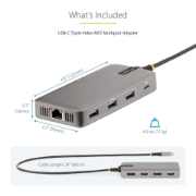 Picture of StarTech.com USB-C Triple Monitor Multiport Adapter, Dual 4K 60Hz + 4K 30Hz HDMI & DisplayPort, 3-Port USB 10Gbps Hub, 100W PD Pass-Through, GbE, Travel Dock, Windows & ChromeOS
