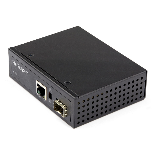 Picture of StarTech.com PoE+ Industrial Fiber to Ethernet Media Converter 60W - SFP to RJ45 - Singlemode/Multimode Fiber to Copper Gigabit Ethernet - Compact Size - IP-30/ -40 to +75C