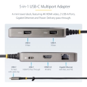 Picture of StarTech.com USB-C Multiport Adapter - 4K 60Hz HDMI - HDR - 2-Port 5Gbps USB 3.0 Hub - 100W Power Delivery Pass-Through - GbE - Works with Chromebook certified - Windows/macOS