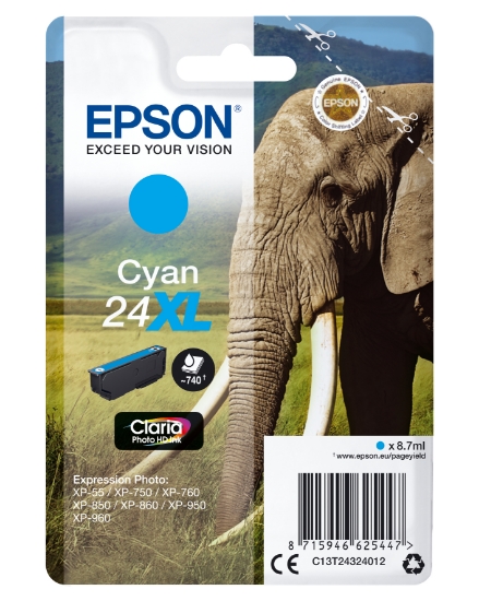 Picture of Epson Elephant Singlepack Cyan 24XL Claria Photo HD Ink